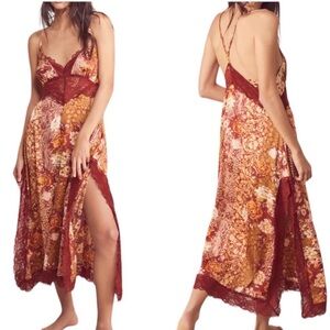 Free People Right Now Midi Lace Slip Dress, Amber Combo Size L